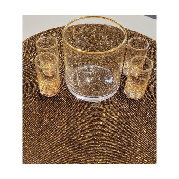 Vintage MCM Shot Glass Set w/ Holder Retro Barware Collector Gold Tone Rim - Picture 13 of 13